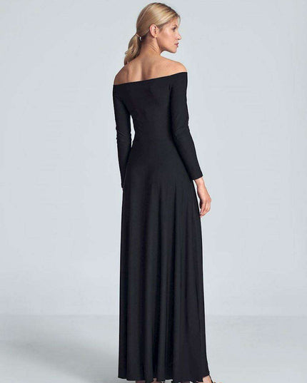 Elegant Off-Shoulder Black Maxi Gown with Pleated Bust and Defined Waist