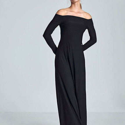 Elegant Off-Shoulder Black Maxi Gown with Pleated Bust and Defined Waist