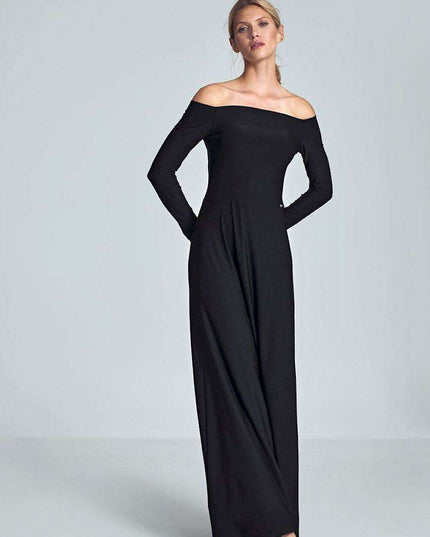 Elegant Off-Shoulder Black Maxi Gown with Pleated Bust and Defined Waist