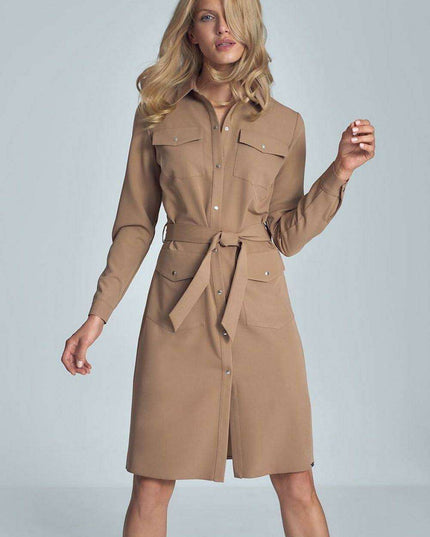 Elegant Black Midi Shirt Dress with Belt and Practical Pockets for Women