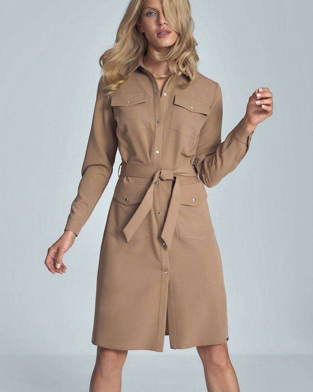 Elegant Black Midi Shirt Dress with Belt and Practical Pockets for Women