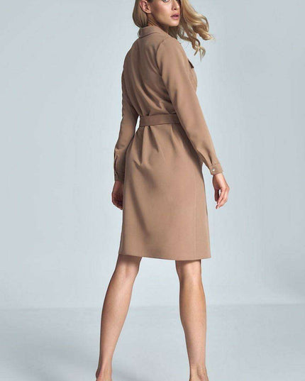 Elegant Black Midi Shirt Dress with Belt and Practical Pockets for Women