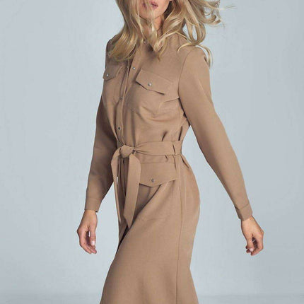 Elegant Black Midi Shirt Dress with Belt and Practical Pockets for Women