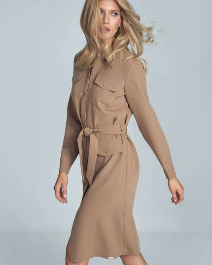 Elegant Black Midi Shirt Dress with Belt and Practical Pockets for Women