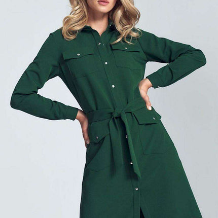 Elegant Black Midi Shirt Dress with Belt and Practical Pockets for Women