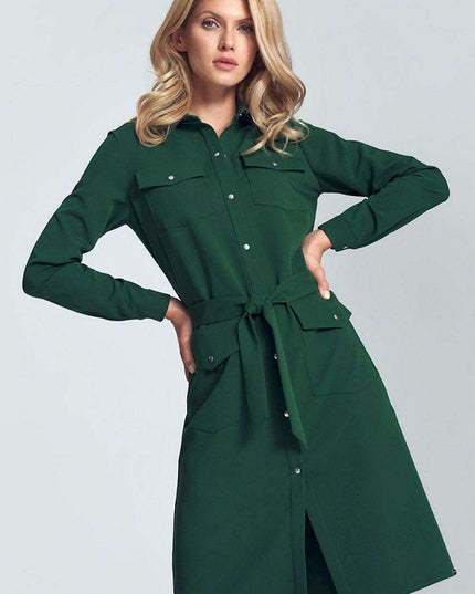 Elegant Black Midi Shirt Dress with Belt and Practical Pockets for Women