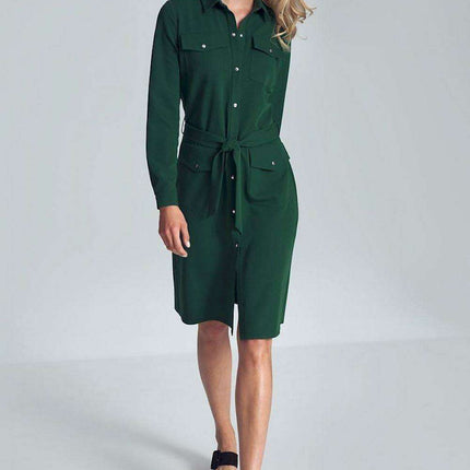 Elegant Black Midi Shirt Dress with Belt and Practical Pockets for Women
