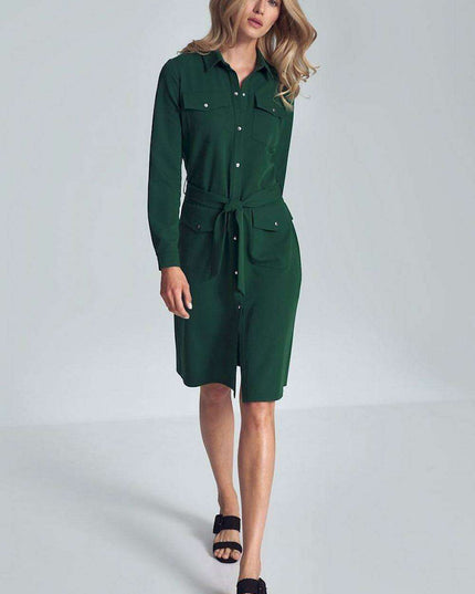 Elegant Black Midi Shirt Dress with Belt and Practical Pockets for Women