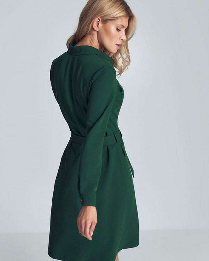 Elegant Black Midi Shirt Dress with Belt and Practical Pockets for Women