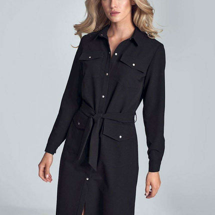 Elegant Black Midi Shirt Dress with Belt and Practical Pockets for Women