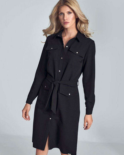Elegant Black Midi Shirt Dress with Belt and Practical Pockets for Women