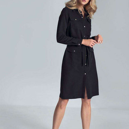 Elegant Black Midi Shirt Dress with Belt and Practical Pockets for Women