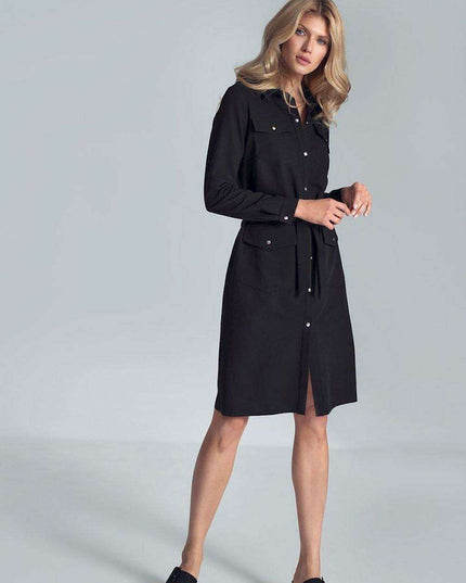 Elegant Black Midi Shirt Dress with Belt and Practical Pockets for Women