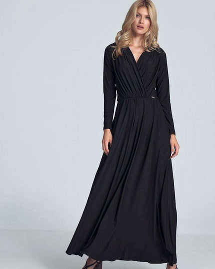 Elegant Black Maxi Dress with Stylish Envelope Neckline for Effortless Chic