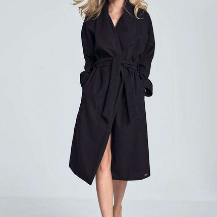 Elegant Black 7/8 Length Coat with Oversized Collar and Waist Tie