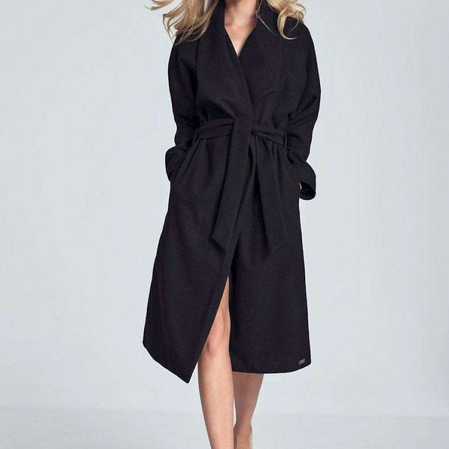 Elegant Black 7/8 Length Coat with Oversized Collar and Waist Tie