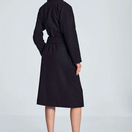 Elegant Black 7/8 Length Coat with Oversized Collar and Waist Tie