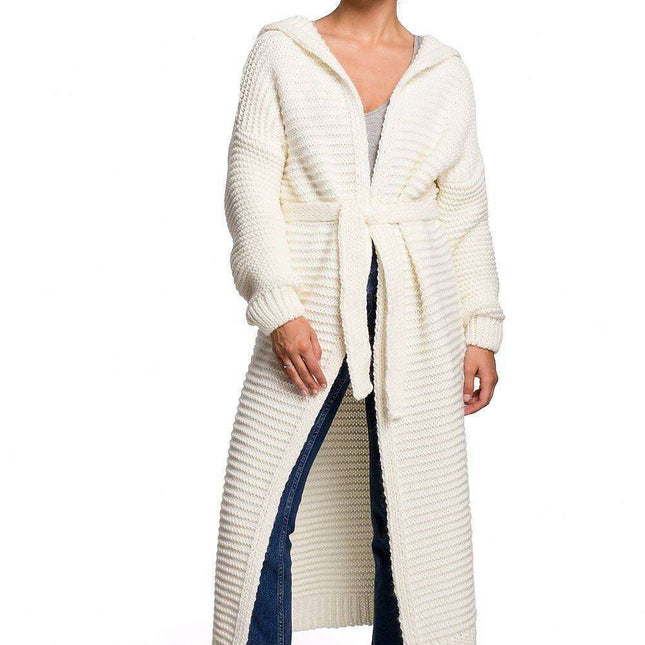 Warm Knitted Hooded Cardigan with Waist Tie