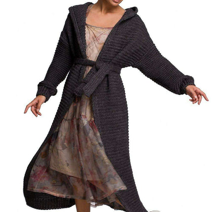 Warm Knitted Hooded Cardigan with Waist Tie