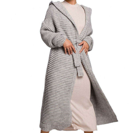 Warm Knitted Hooded Cardigan with Waist Tie
