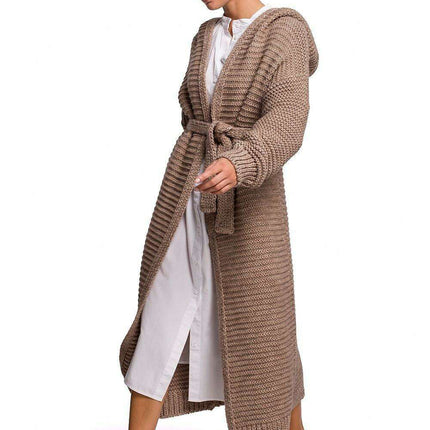 Warm Knitted Hooded Cardigan with Waist Tie