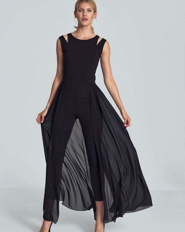Elegant Black Chiffon Jumpsuit with Chic Shoulder Detail