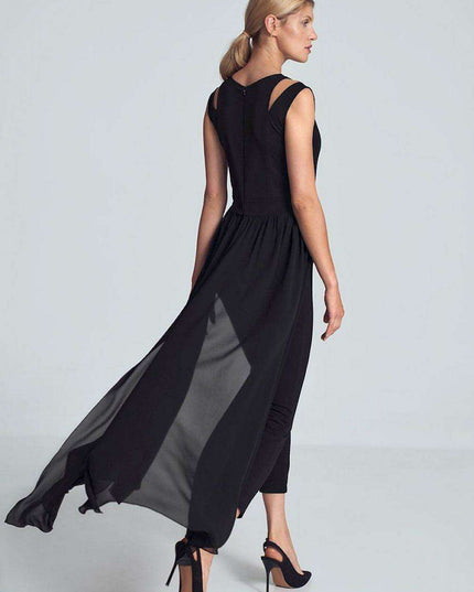 Elegant Black Chiffon Jumpsuit with Chic Shoulder Detail