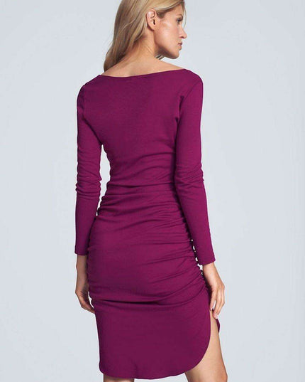 Chic Black Midi Dress with Sheer Neckline, Pleats, and Long Sleeves