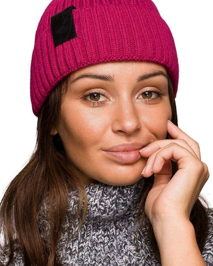Trendy Acrylic Knit Beanie with Stylish Faux-Leather Face Detail