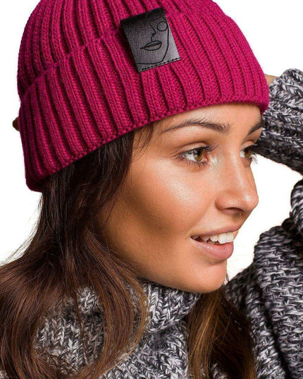 Trendy Acrylic Knit Beanie with Stylish Faux-Leather Face Detail