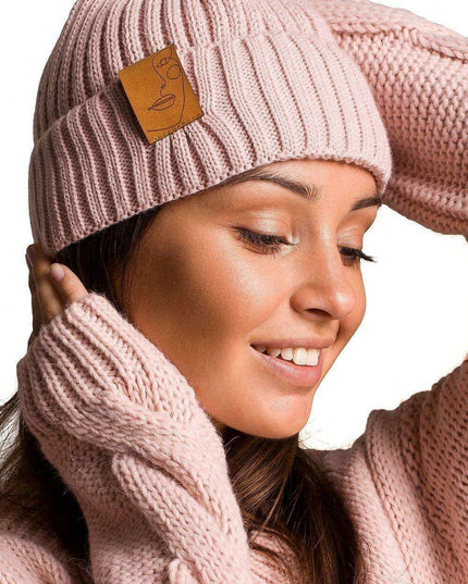 Trendy Acrylic Knit Beanie with Stylish Faux-Leather Face Detail