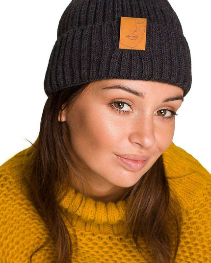 Trendy Acrylic Knit Beanie with Stylish Faux-Leather Face Detail