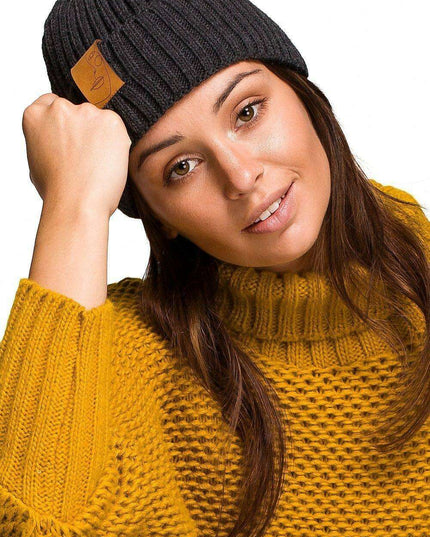 Trendy Acrylic Knit Beanie with Stylish Faux-Leather Face Detail