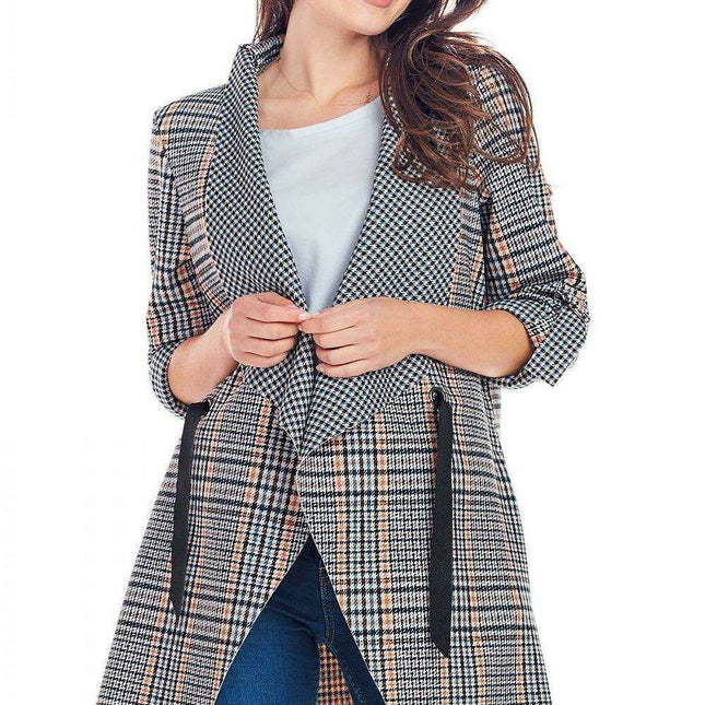 Elegant Adjustable Plaid Jacket with Decorative Sleeves & Waist Cinch