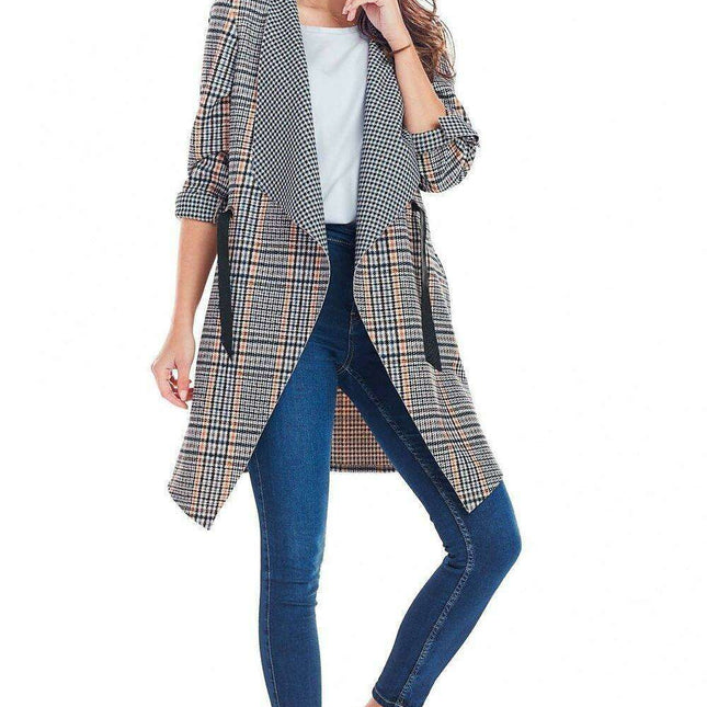 Elegant Adjustable Plaid Jacket with Decorative Sleeves & Waist Cinch