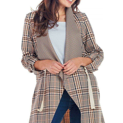 Elegant Adjustable Plaid Jacket with Decorative Sleeves & Waist Cinch