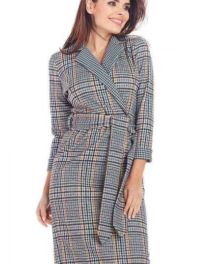 Chic Checkered Midi Dress with Waist Belt for Office Elegance