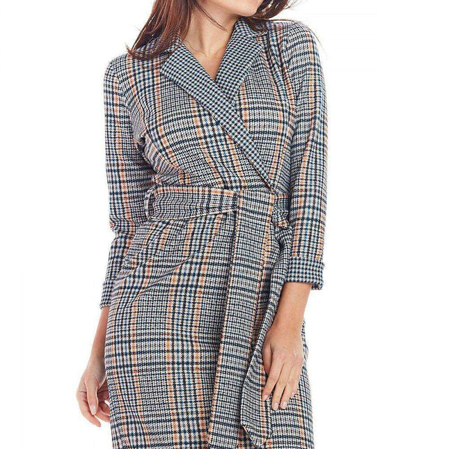 Chic Checkered Midi Dress with Waist Belt for Office Elegance