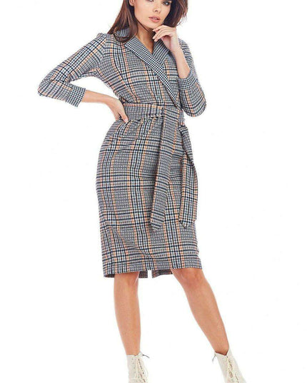 Chic Checkered Midi Dress with Waist Belt for Office Elegance