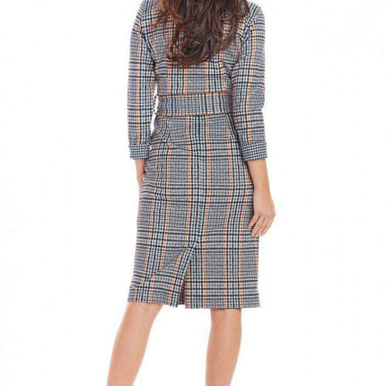 Chic Checkered Midi Dress with Waist Belt for Office Elegance