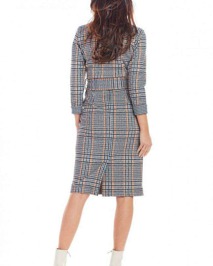 Chic Checkered Midi Dress with Waist Belt for Office Elegance
