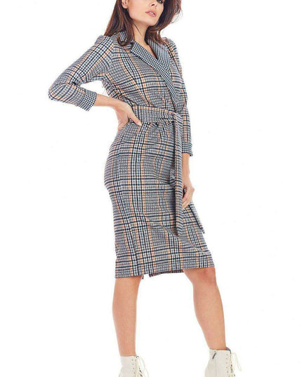 Chic Checkered Midi Dress with Waist Belt for Office Elegance