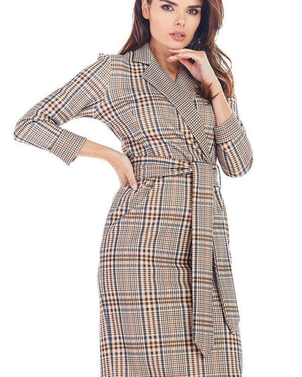 Chic Checkered Midi Dress with Waist Belt for Office Elegance