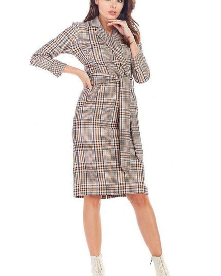 Chic Checkered Midi Dress with Waist Belt for Office Elegance