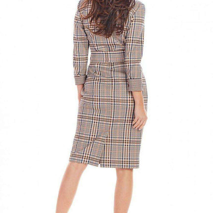 Chic Checkered Midi Dress with Waist Belt for Office Elegance