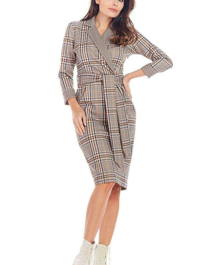 Chic Checkered Midi Dress with Waist Belt for Office Elegance