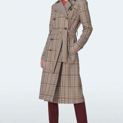 Elegant Checked Waist Defining Overcoat for Women Outerwear