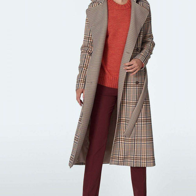 Elegant Checked Waist Defining Overcoat for Women Outerwear