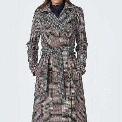 Elegant Checked Waist Defining Overcoat for Women Outerwear
