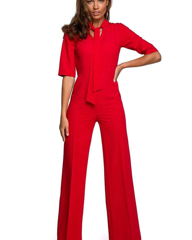 Chic V-Neck Wide-Leg Jumpsuit with Fashionable Tie Detail